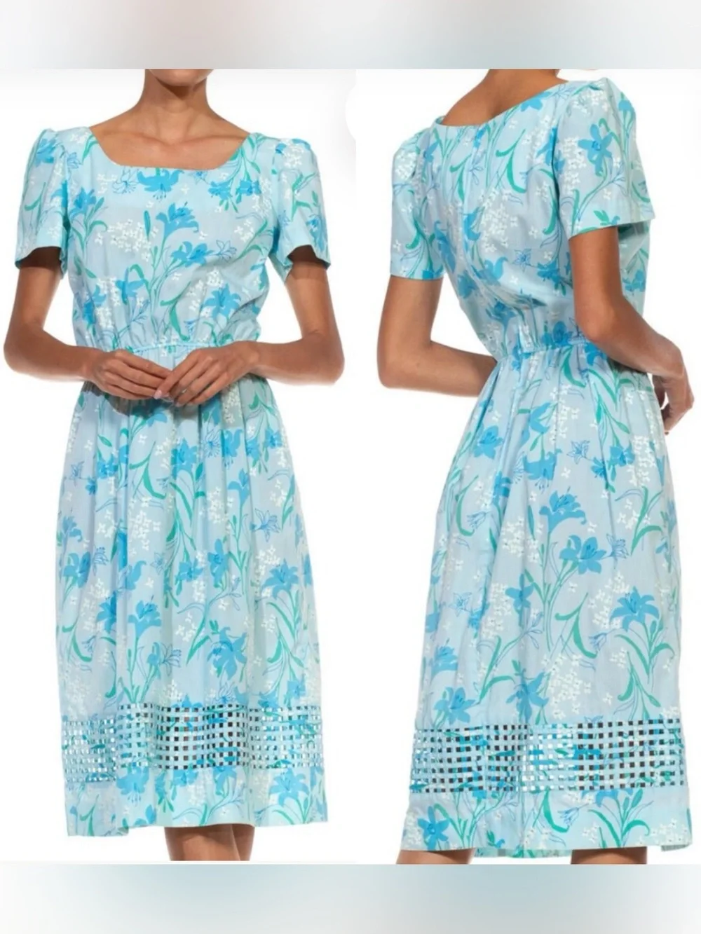 Vintage Lilly Pulitzer 80’s cotton midi dress light blue floral basket weave hem - Picture 4 of 16